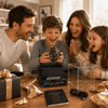 Family opening Flyokay MemoOrb™ black gold gift box with flying orb charging cable and quick start guide