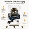 Black gold Flyokay MemoOrb product details showing the LED strip, power button, protective cage, fan blades, USB-C port, and stabilizing ring