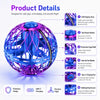 Blue purple Flyokay MemoOrb LED flying ball demonstrating boomerang toss, hover and catch, straight flight, and spinner modes