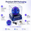 Blue purple Flyokay MemoOrb LED flying ball in premium gift packaging with a USB-C cable and quick start guide