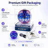 Blue purple Flyokay MemoOrb LED flying ball in premium gift packaging with a USB-C cable and quick start guide